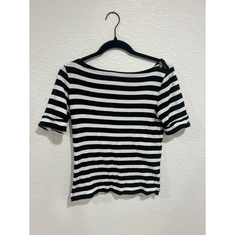 Black and White Striped Boat Neck Knit Top with Shoulder Zipper Detail Small